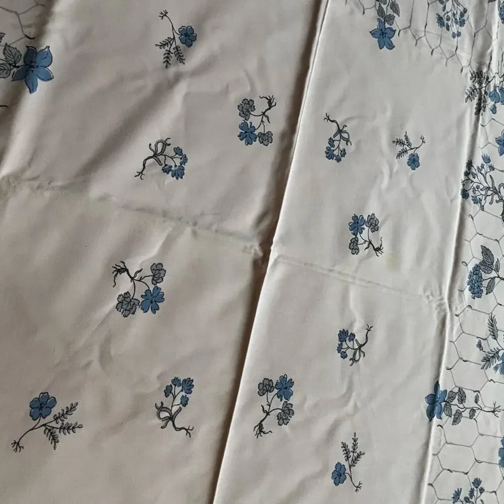 Vintage tablecloth printed cotton rectangle faded PINK blue & gray floral design